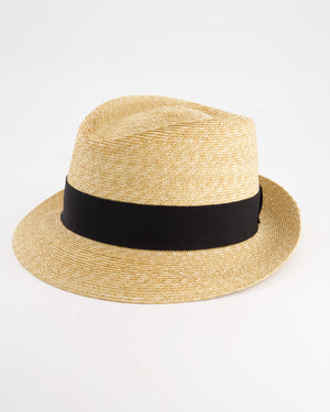 Prada Beige Raffia Woven Hat with Black Ribbon Detail