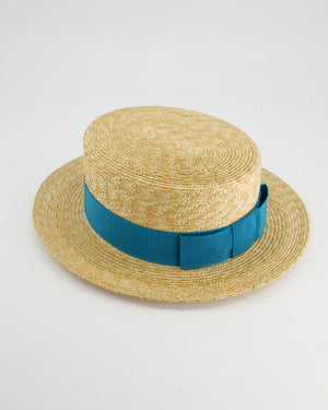 Prada Beige Raffia Woven Hat with Teal Ribbon Detail Size L