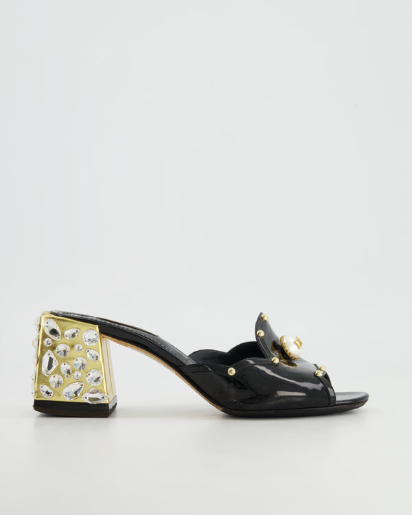 Dolce Gabbana Black Patent Heeled Mules with Crystal and Pearl Embellishments Size 40