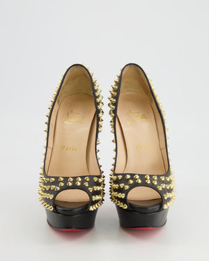 Christian Louboutin Black Leather Open-Toe Heels with Gold Spikes Size EU 38.5 RRP £950