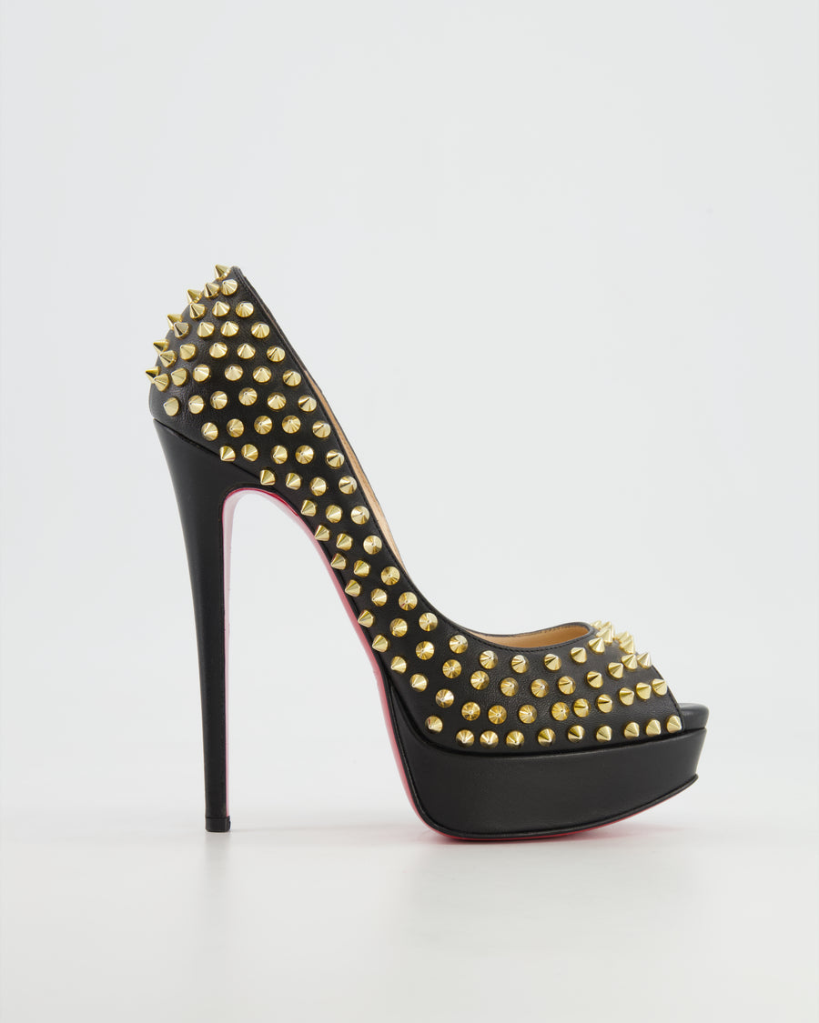 Christian Louboutin Black Leather Open-Toe Heels with Gold Spikes Size EU 38.5 RRP £950