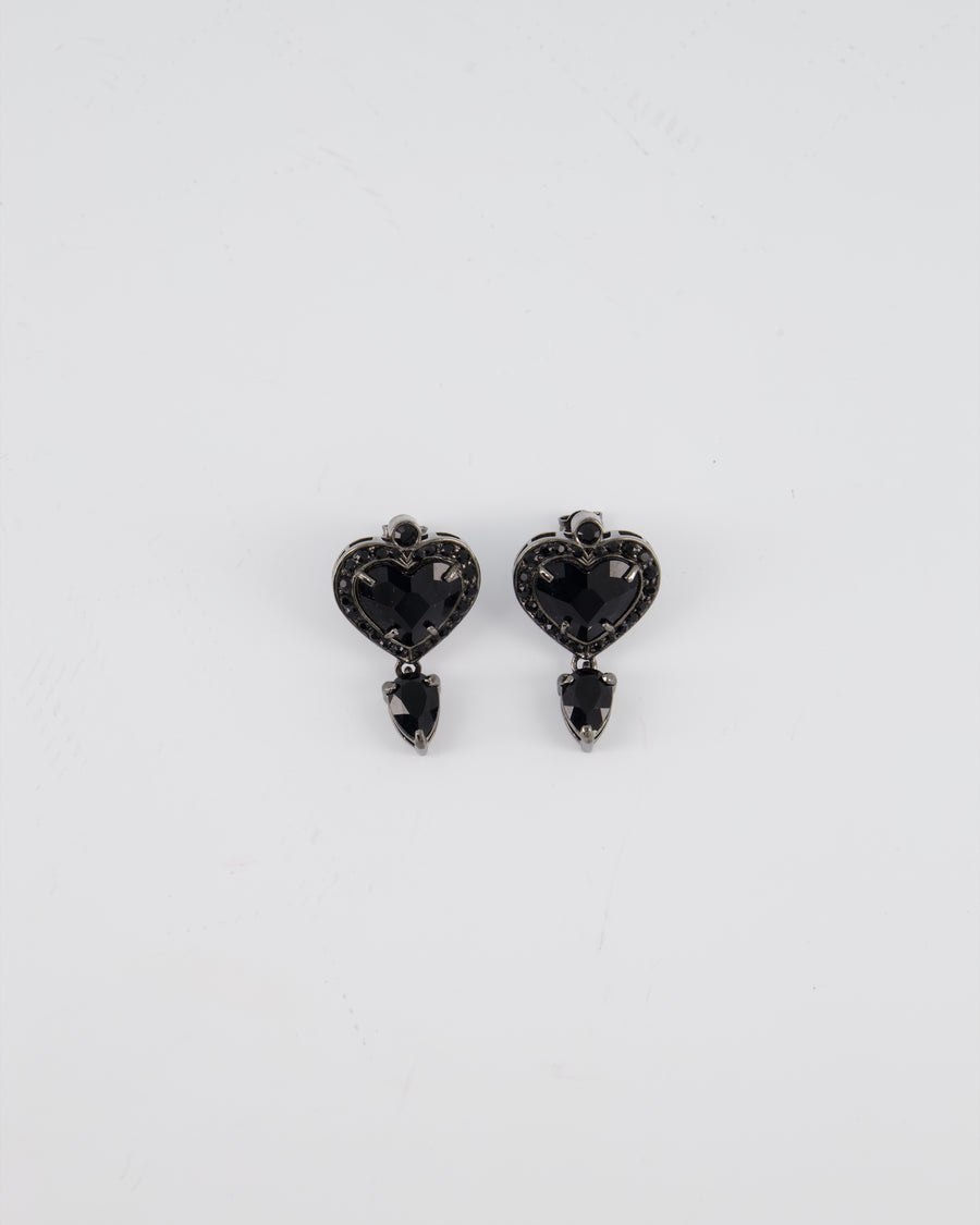 Valentino Black Heart Crystal Drop Stud Earrings with Ruthenium Hardware