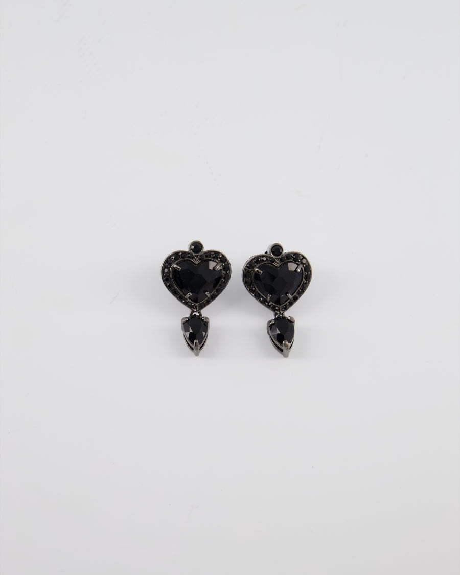 Valentino Black Heart Crystal Drop Stud Earrings with Ruthenium Hardware