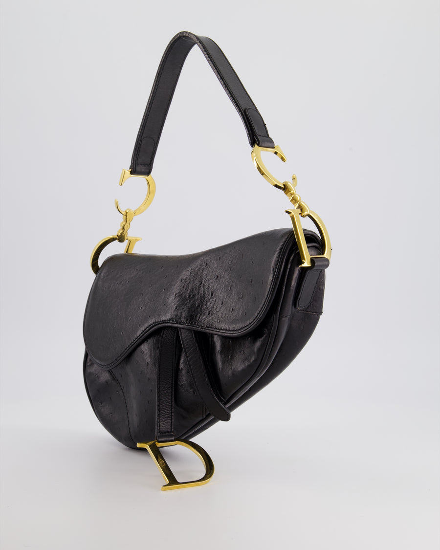 Christian Dior by John Galliano 2000 Black Ostrich Saddle Bag with Gold Hardware