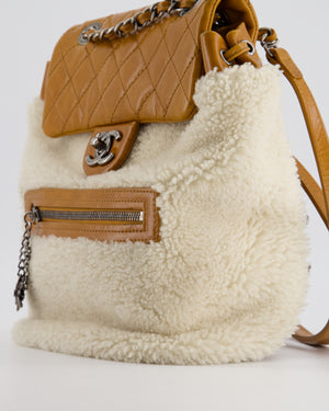 Chanel Cream and Caramel Shearling and Calfskin Leather Backpack with Ruthenium Hardware and Charm Zips