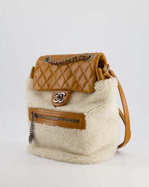 Chanel Cream and Caramel Shearling and Calfskin Leather Backpack with Ruthenium Hardware and Charm Zips