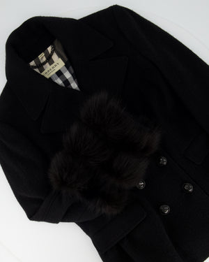 Burberry Black Wool Double-Breasted Coat with Fur Sleeve Detail FR 40 (UK 12)