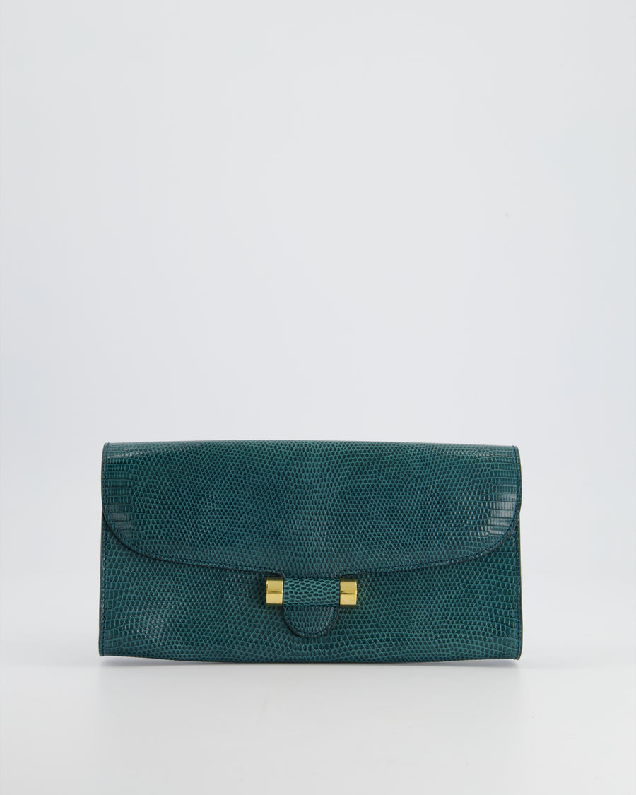 Yves Saint Laurent Emerald Green Lizard Clutch with Gold Hardware