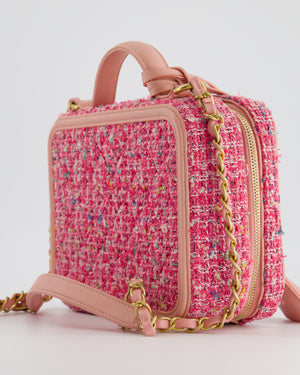 *SUPER HOT* Chanel Pink Medium CC Filigree Vanity Case Bag in Tweed with Brushed Gold Hardware and Chain Detail