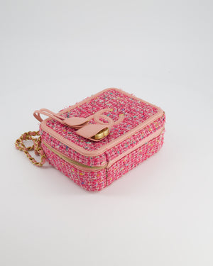 *SUPER HOT* Chanel Pink Medium CC Filigree Vanity Case Bag in Tweed with Brushed Gold Hardware and Chain Detail