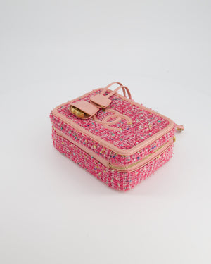 *SUPER HOT* Chanel Pink Medium CC Filigree Vanity Case Bag in Tweed with Brushed Gold Hardware and Chain Detail