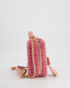 *SUPER HOT* Chanel Pink Medium CC Filigree Vanity Case Bag in Tweed with Brushed Gold Hardware and Chain Detail