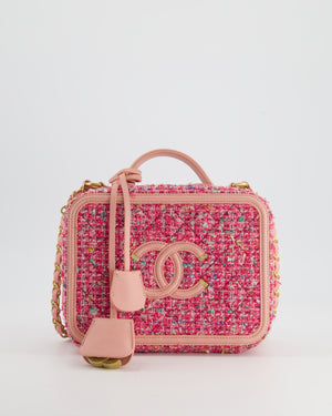 *SUPER HOT* Chanel Pink Medium CC Filigree Vanity Case Bag in Tweed with Brushed Gold Hardware and Chain Detail