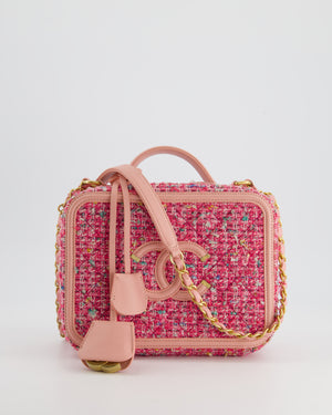 *SUPER HOT* Chanel Pink Medium CC Filigree Vanity Case Bag in Tweed with Brushed Gold Hardware and Chain Detail