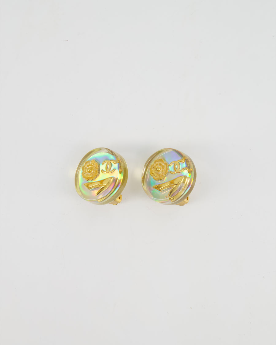 Chanel 97P Vintage Round Iridescent with Gold CC Logo, Caméila 
Shoe Detail Clip-On Earrings