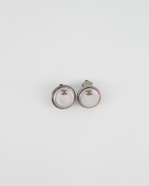 Chanel 99P Brushed Silver Round Iridescent Pearl CC Small Logo Clip-On Earrings