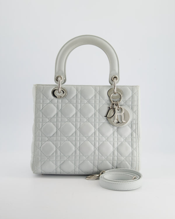 Christian Dior Ice Blue Medium Lady Dior Bag in Calfskin Leather with Silver Hardware