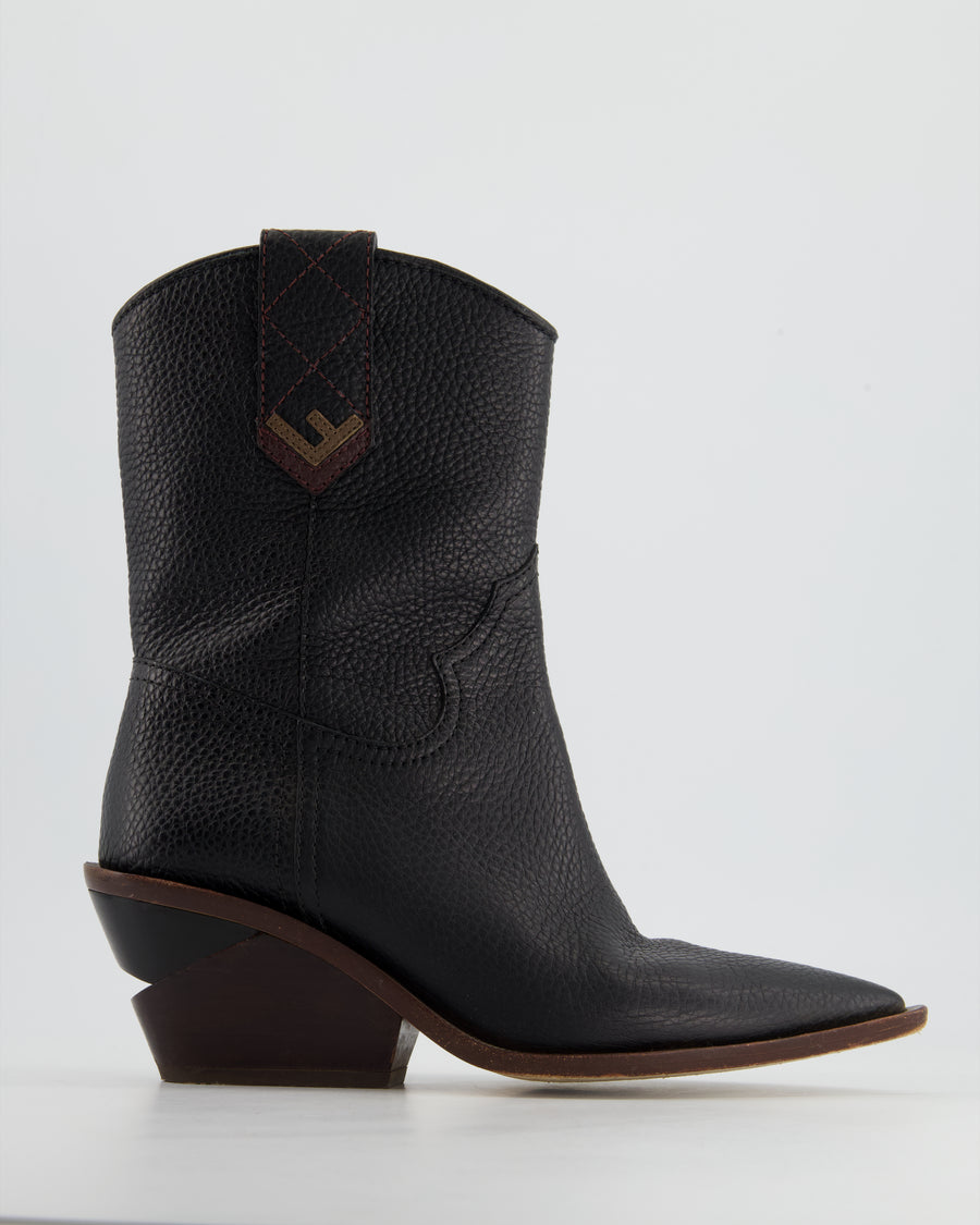 Fendi Black Calfskin Leather Cowboy Boots with Logo Detail Size 37