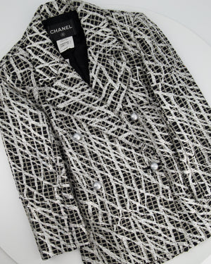 Chanel Black 
White Checked Tweed Backless Jacket with Silver Screen Print and Pearl Belt at the Back Size FR 34 (UK 4)