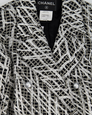 Chanel Black 
White Checked Tweed Backless Jacket with Silver Screen Print and Pearl Belt at the Back Size FR 34 (UK 4)