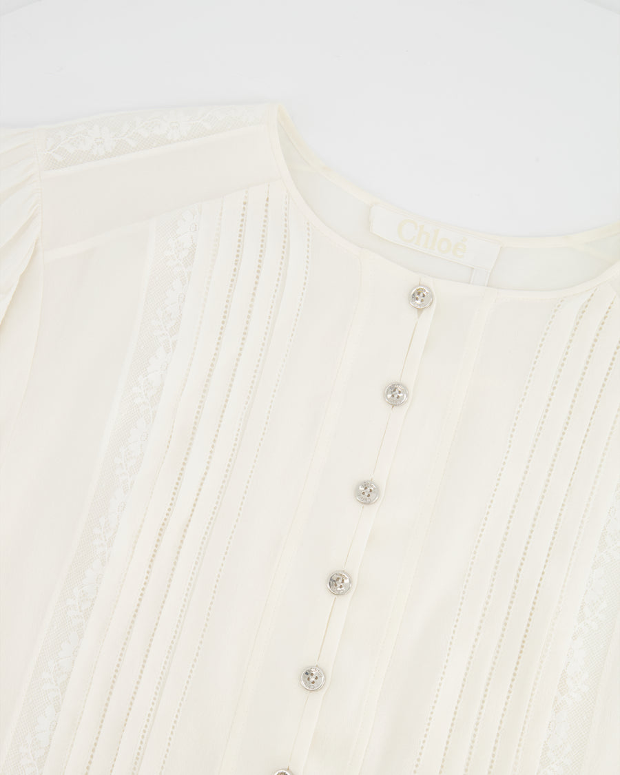 Chloé White Silk Cardigan Top with Embroideries and Silver Buttons Size FR 36 (UK 8)