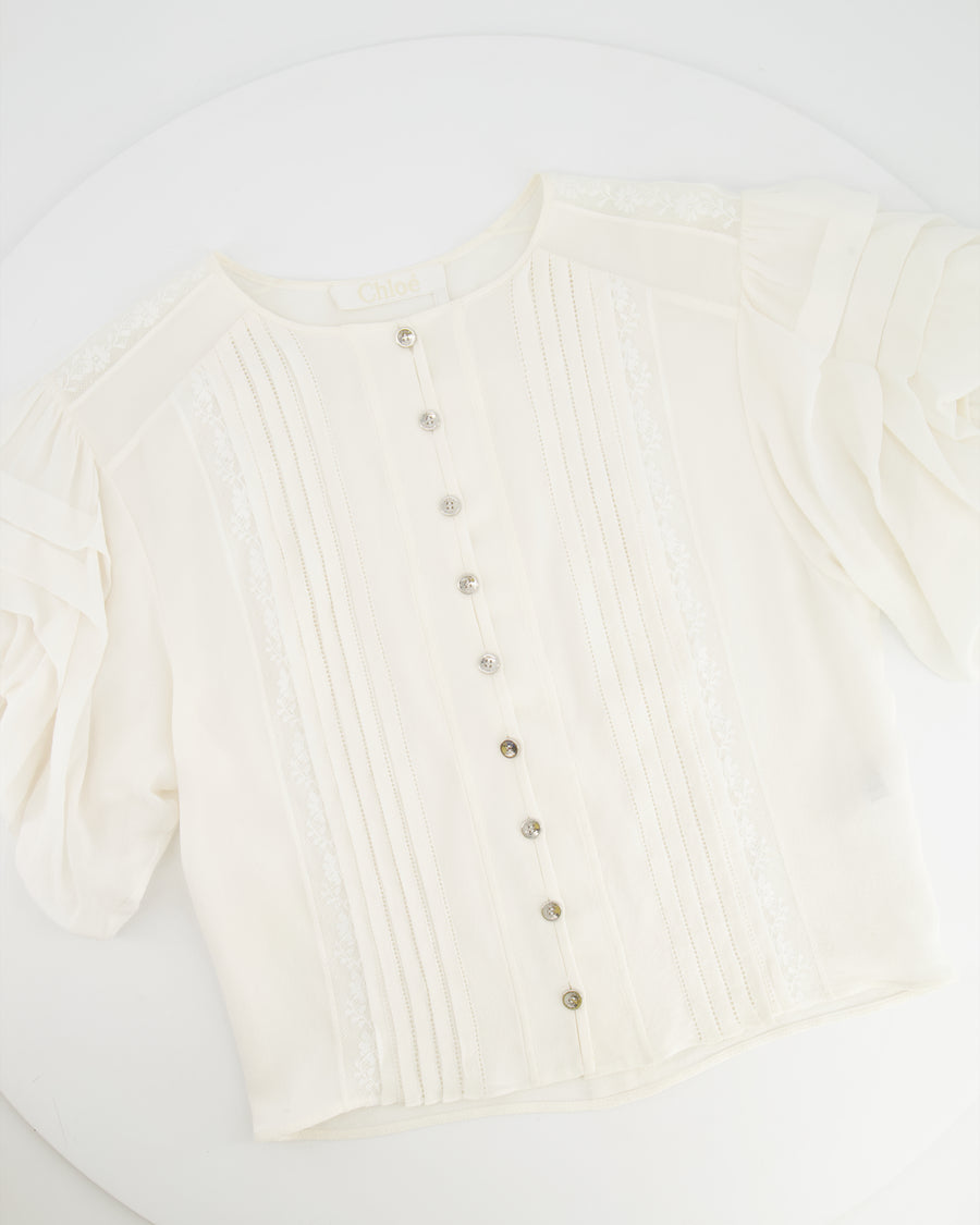 Chloé White Silk Cardigan Top with Embroideries and Silver Buttons Size FR 36 (UK 8)