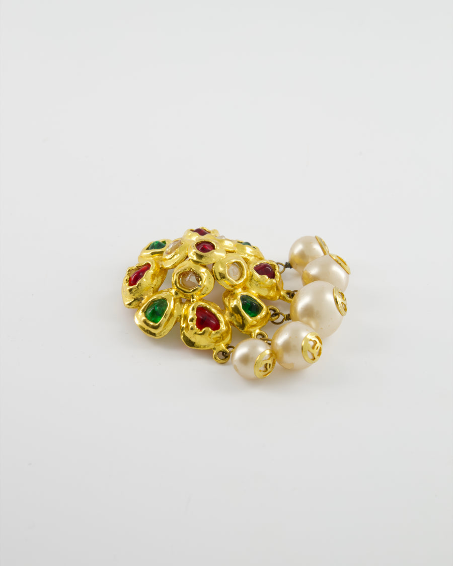 Chanel Vintage by Victoire De Castellane  Yellow Gold Camelia Brooch with Multi-Colour Stones and Pearls