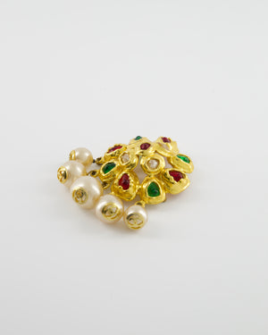 Chanel Vintage by Victoire De Castellane  Yellow Gold Camelia Brooch with Multi-Colour Stones and Pearls