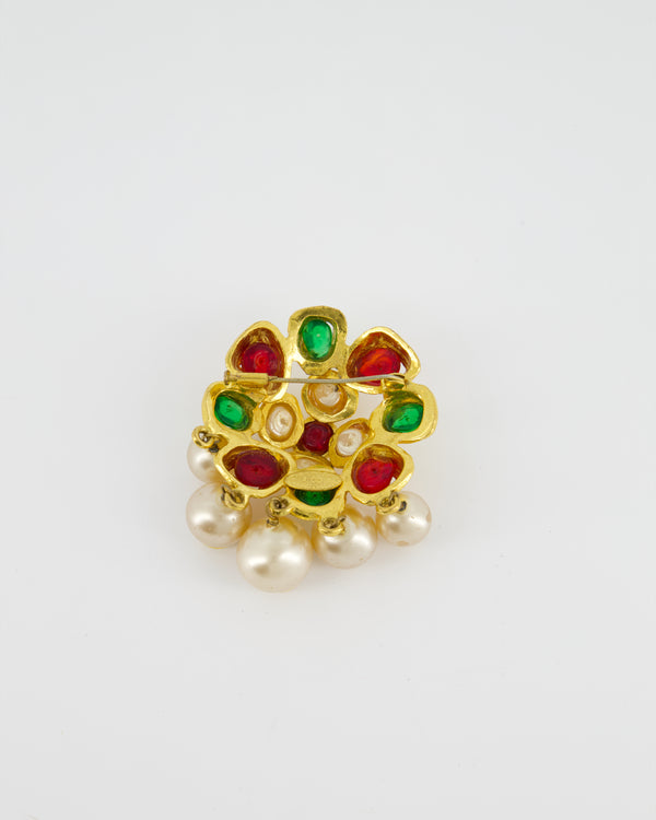 Chanel Vintage by Victoire De Castellane  Yellow Gold Camelia Brooch with Multi-Colour Stones and Pearls