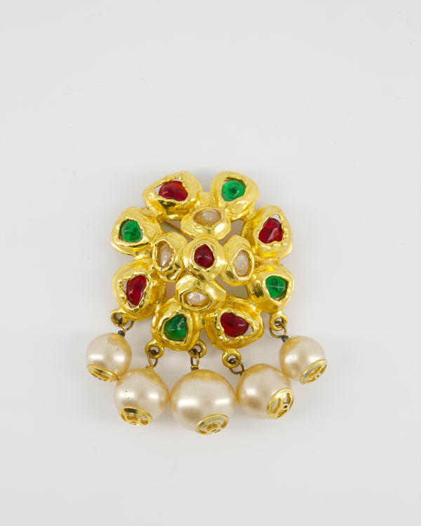 Chanel Vintage by Victoire De Castellane  Yellow Gold Camelia Brooch with Multi-Colour Stones and Pearls