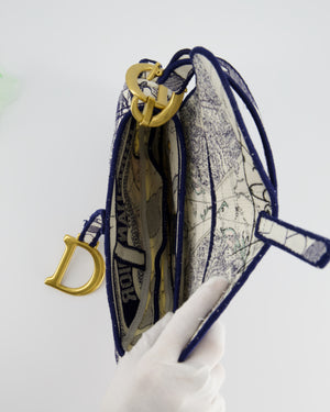 Christian Dior Blue and White 
Around the World
 Embroidery Saddle Bag with Antique Gold Hardware RRP £3115