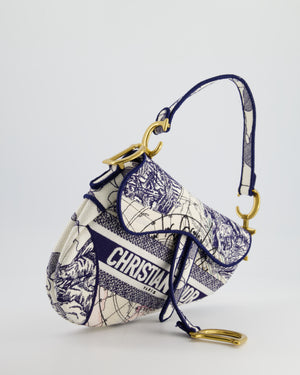 Christian Dior Blue and White 
Around the World
 Embroidery Saddle Bag with Antique Gold Hardware RRP £3115