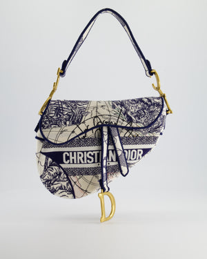 Christian Dior Blue and White 
Around the World
 Embroidery Saddle Bag with Antique Gold Hardware RRP £3115