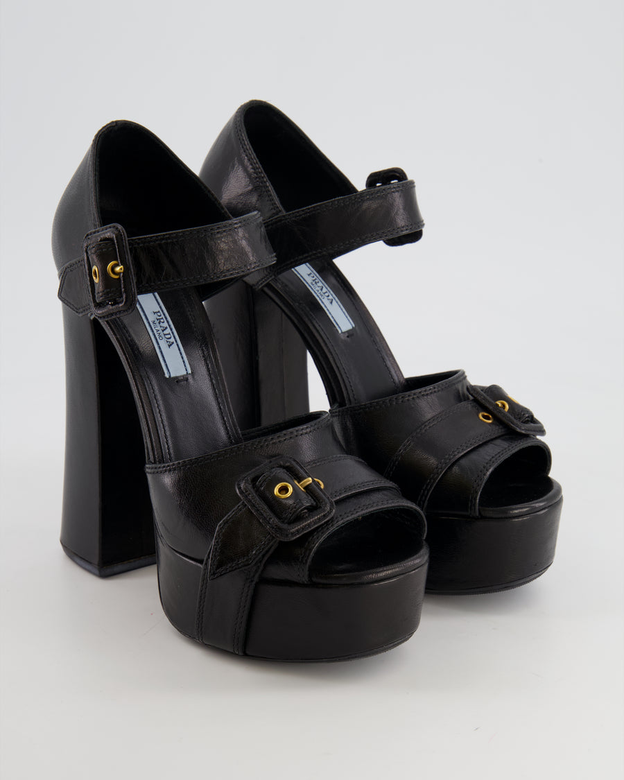 Prada Black Leather Platform Heels with Buckle Details Size 39