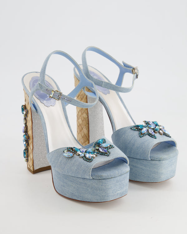 Rene Caovilla Blue Denim Sandal Heels with Crystal Embellishments Size EU 38.5