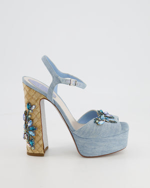 Rene Caovilla Blue Denim Sandal Heels with Crystal Embellishments Size EU 38.5