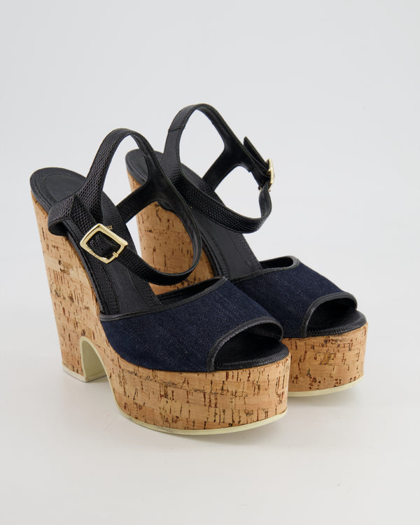 Fendi Navy Denim Sandals with Cork Wedge Heel Size EU 38