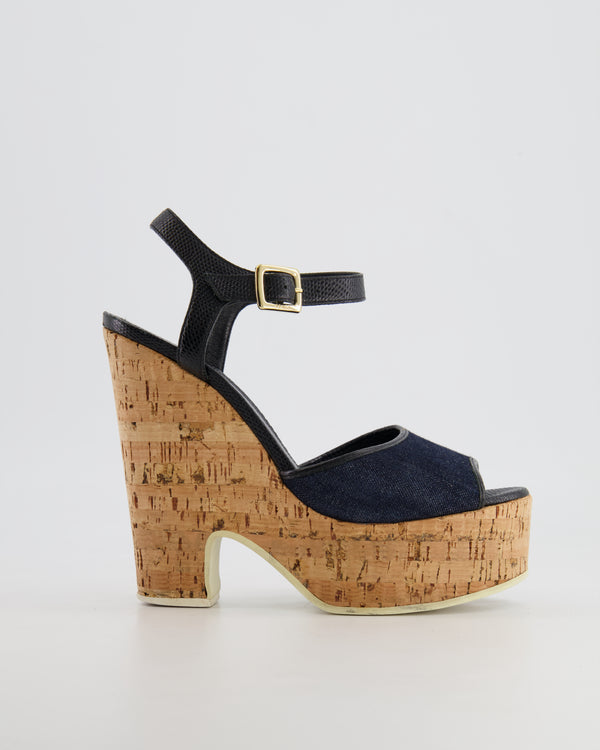 Fendi Navy Denim Sandals with Cork Wedge Heel Size EU 38