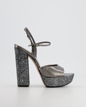 Miu Miu Silver Python-Effect Sandal Heels with Glitter Details Size EU 38.5