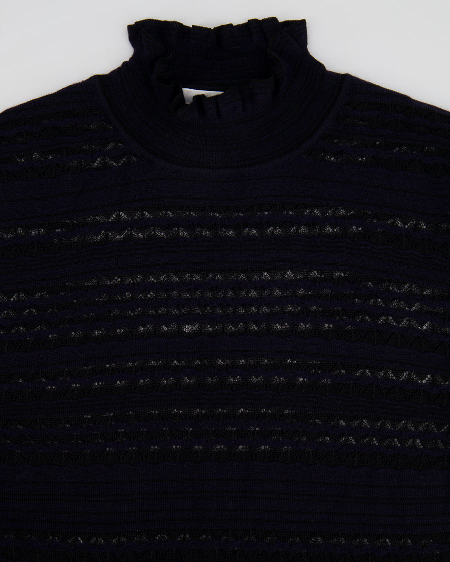 Chloé Navy Lace Long-Sleeve Wool Jumper with Ruffle-Neck Detailing Size FR 38 (UK 10)