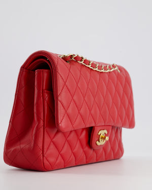 Chanel Medium Red Classic Double Flap Bag in Lambskin Leather with Brushed Gold Hardware