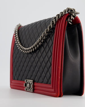 Chanel Black 
Red Large Boy Bag in Lambskin Leather with Ruthenium Hardware