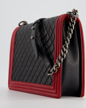 Chanel Black 
Red Large Boy Bag in Lambskin Leather with Ruthenium Hardware