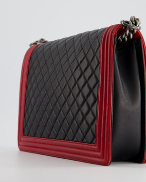 Chanel Black 
Red Large Boy Bag in Lambskin Leather with Ruthenium Hardware