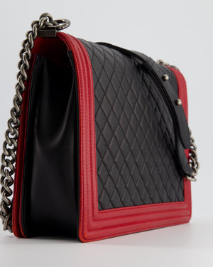 Chanel Black 
Red Large Boy Bag in Lambskin Leather with Ruthenium Hardware