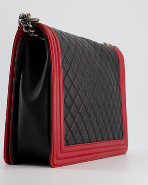 Chanel Black 
Red Large Boy Bag in Lambskin Leather with Ruthenium Hardware