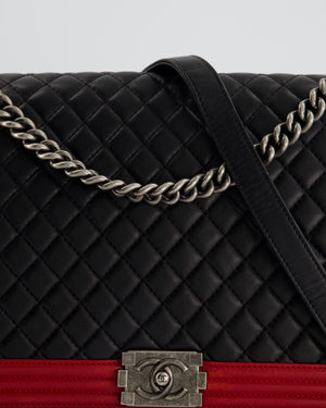 Chanel Black 
Red Large Boy Bag in Lambskin Leather with Ruthenium Hardware