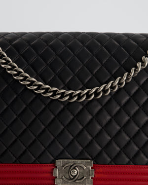 Chanel Black 
Red Large Boy Bag in Lambskin Leather with Ruthenium Hardware