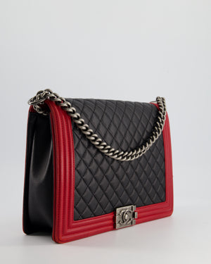 Chanel Black 
Red Large Boy Bag in Lambskin Leather with Ruthenium Hardware