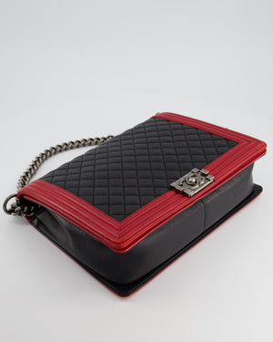 Chanel Black 
Red Large Boy Bag in Lambskin Leather with Ruthenium Hardware